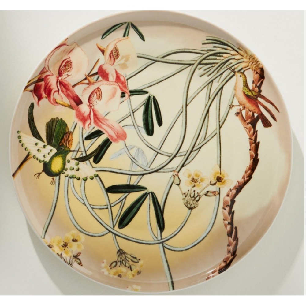 Anthropologie Orchid Dessert Plate Botanical Birds Hummingbird Coral Gorgeous